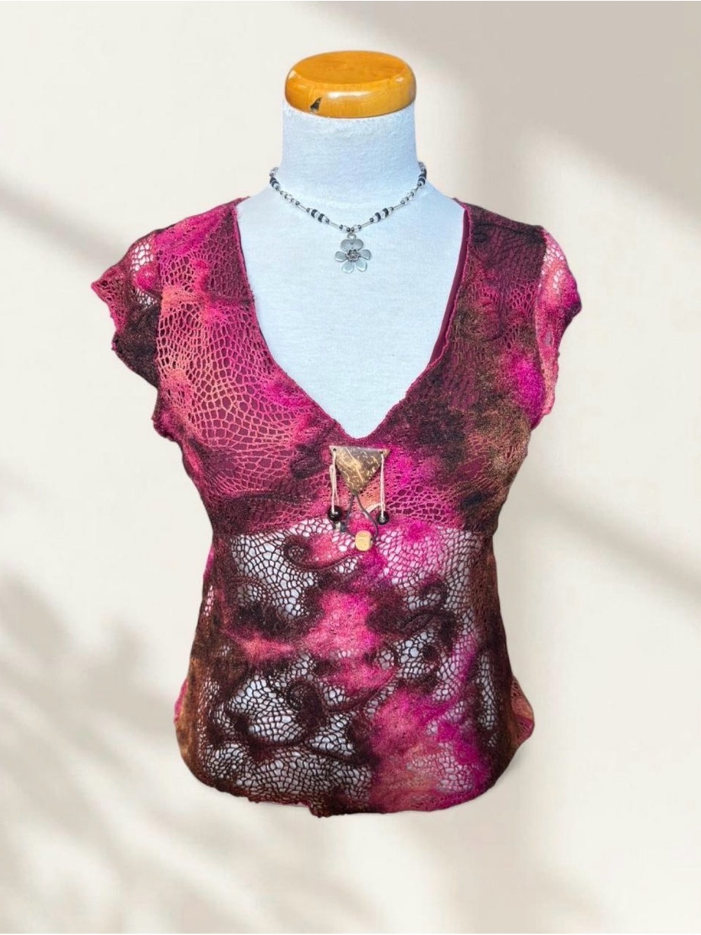 Women's Pink and Brown Lace Knit V-Neck Camisole